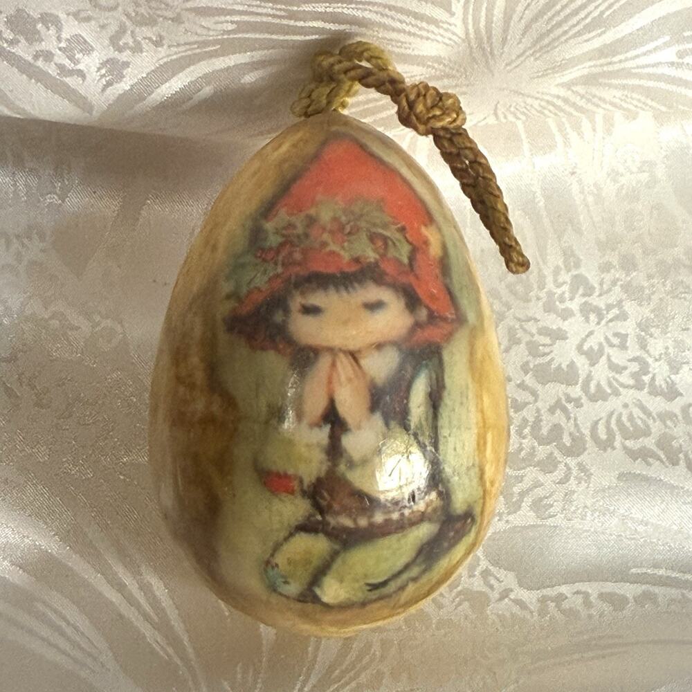 VTG 1970’s Decoupage Pixie Fairy Elf Goose Egg Christmas Ornament Collectible 3”
